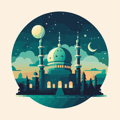Arabic Asian mosque Ramadan kareem on the night background Vector illustration.