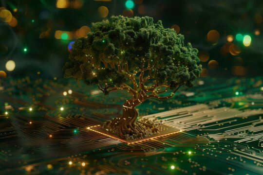 Futuristic Tech Tree Grows from Circuit Board Landscape