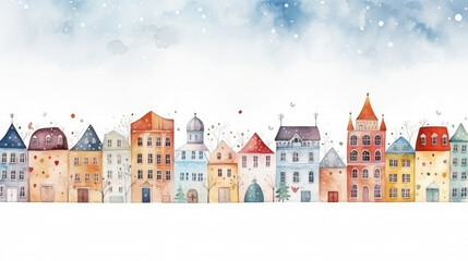 Fototapeta premium Watercolor winter town houses border background landscape cute cityscape illustration card, poster, print, transparent background christmas new year - generative AI