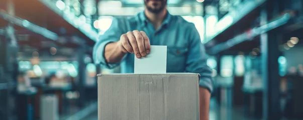 Deurstickers Man placing a voting slip into a ballot box, symbolizing democratic participation in an election © Cherrita07