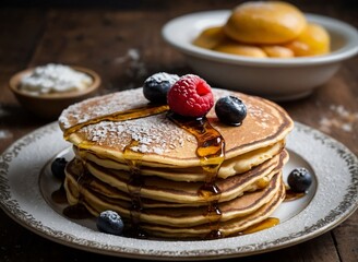 Pancakes on a plate with fresh berries and honey. Generative AI