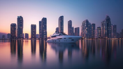 Fototapeta na wymiar Luxury Yacht Anchored Against a Serene Cityscape at Dusk