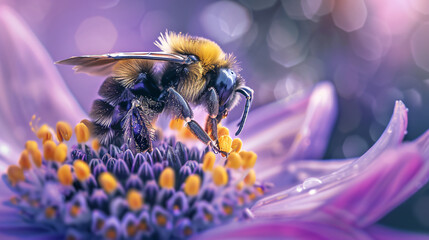 Bumblebee working on a purple flower macro shot