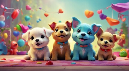 cartoon puppy characters friends together for children, friendship and play time, happy joy, as a wide banner or poster for kindergarten, kindergarten and children's bedroom