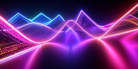 3d render, abstract geometric neon background. Streaming service concept. Digital data transfer. Internet technology of future network. Dynamic zigzag, Generative AI
