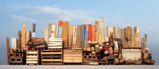 A collection of wooden pallets neatly stacked on top of each other, forming a tall pile. The pallets are made of scrap materials like wood, containers, plywood, and plastic.