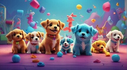 cartoon puppy characters friends together for children, friendship and play time, happy joy, as a wide banner or poster for kindergarten, kindergarten and children's bedroom