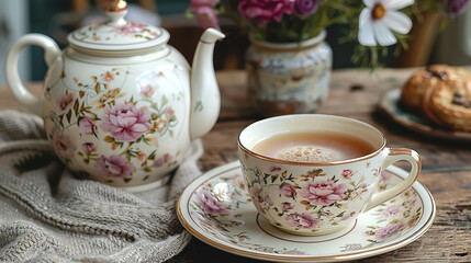 Fototapeta premium Cup of tea and a teapot on a wooden background, vintage tea set.