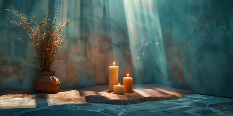 still life with candles, Relaxing outdoor hot tub with steam and illuminated stone steps - obrazy, fototapety, plakaty