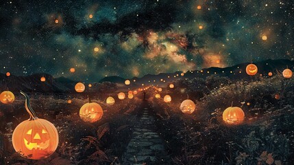Halloween Pathway: Jack-o'-Lanterns Under Starry Sky Collage

