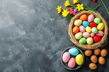 Obraz na płótnie Canvas Basket filled with eggs next to colorful flowers, suitable for Easter or spring-themed designs