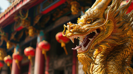 Majestic golden dragon statue in front of building