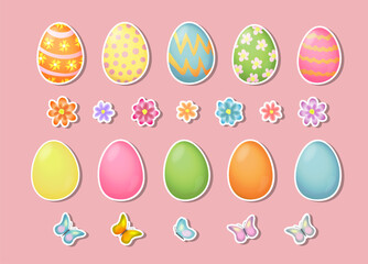  Set of stickers with Easter eggs, flowers and butterflies. Set of dyed Easter eggs, isolated.