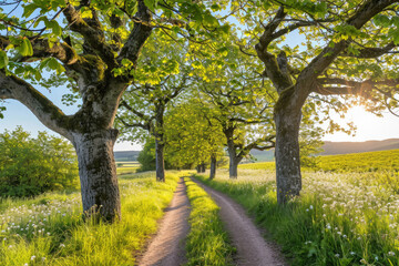 Naklejka premium Scenic view of dirt road in lush field, ideal for nature backgrounds