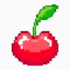 Cherry pixel art isolated on white background. Cartoon red berry on green twig with leaf. Vector illustration