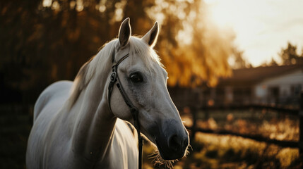 White horse standing next to wooden fence