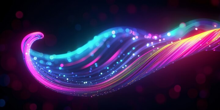 3d rendering, abstract background with unfocussed glowing neon wave, curvy lines and bokeh lights. Blurry colorful wallpaper, Generative AI