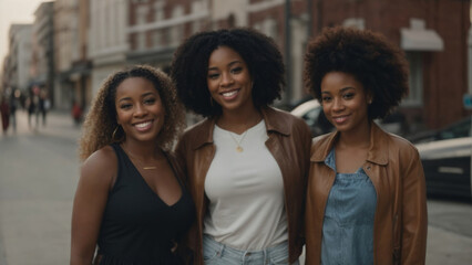 Obraz premium Three smiling African American girls, women. Family, sisters, friends, loved ones.