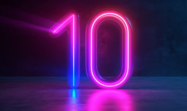 3d render, neon number ten glowing in the dark with ultraviolet light, pink blue gradient laser ray, Generative AI