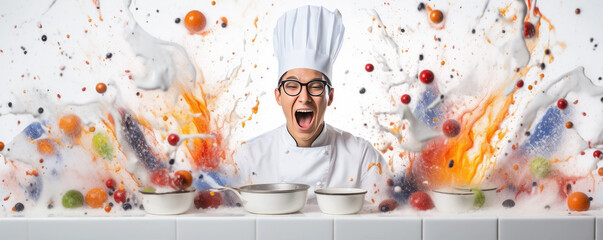 Splashing food in the air with chef - obrazy, fototapety, plakaty