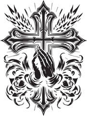 black and white tattoo design of  Christ cross and hand