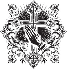 black and white tattoo design of  Christ cross and hand