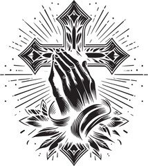 black and white tattoo design of  Christ cross and hand