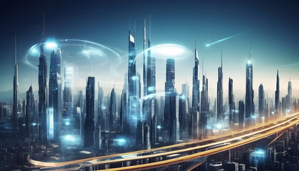 Fototapeta na wymiar Modern city with sky scraper buildings and highways from above 3D imaginative rendering in night 