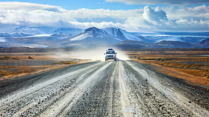 Car driving on gravel road in Iceland - Powered by Adobe