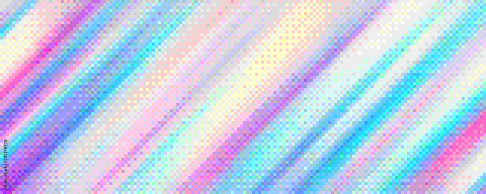 Poster pixelated diagonal holographic gradient background with dither effect. colorful mosaic pixel art tex