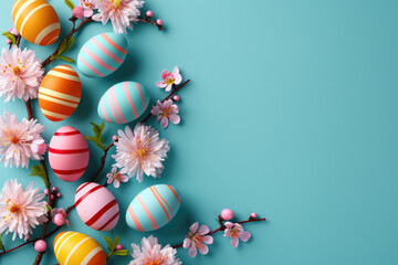 Vibrant Easter eggs and flowers on blue backdrop