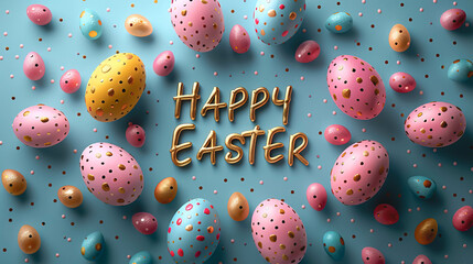 Happy Easter text and colorful eggs in pastel colors, flat lay.