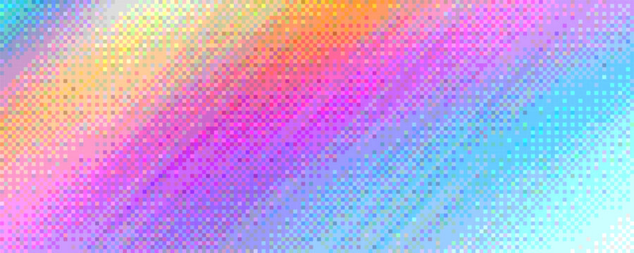 Pixelated rainbow holographic diagonal gradient background with dithering effect. Colorful neon pixel art mosaic texture. Vintage retro video game background. Vector illustration in 8-bit style