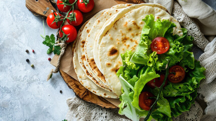 Fresh and colorful plate of tortillas with lettuce and tomatoes, perfect for food blogs or restaurant menus - obrazy, fototapety, plakaty