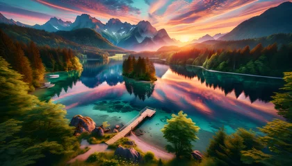 Deurstickers Serene Lake Landscape with Vivid Sunset Reflections, Generative AI © Crowcat