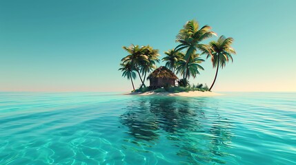 Small tropical island with palms and hut surrounded sea blue water. Scenery of tiny island in ocean. Concept of vacation, travel, nature, summer. Generative Ai