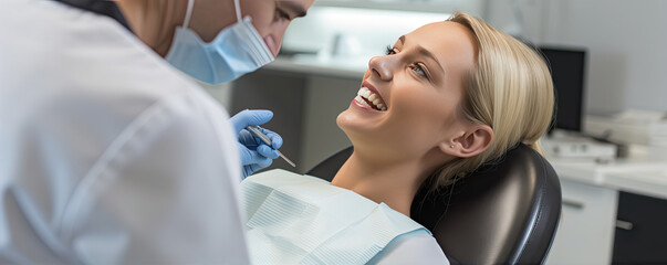 Woman in dental clinic chair, fixing teeth detail.