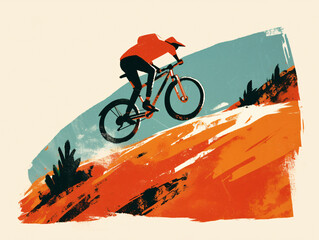 Mountain Biker Catching Air on Rugged Trail, Vintage Textured Illustration