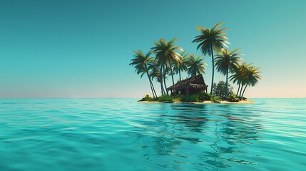 Fototapeta na wymiar Small tropical island with palms and hut surrounded sea blue water. Scenery of tiny island in ocean. Concept of vacation, travel, nature, summer. Generative Ai