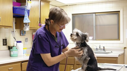 A veterinarian with a dog patient in a veterinary clinic