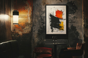 A stylish, contemporary poster featuring an abstract oil pastel painting, elegantly framed and set against a dark, moody room.
