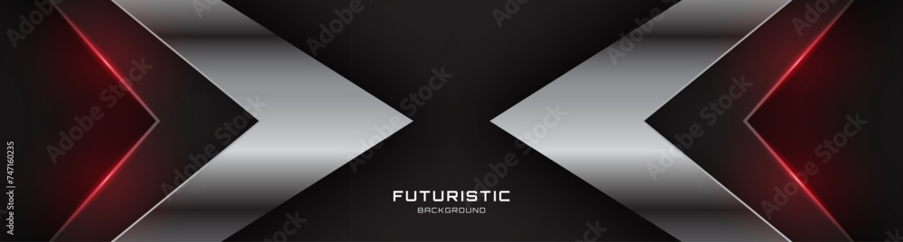 Poster 3d black silver techno background overlap layer on dark space with red light arrows decoration. mode