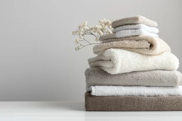Zelfklevend Fotobehang Spa Neatly arranged stack of towels on table, suitable for bathroom or spa concept