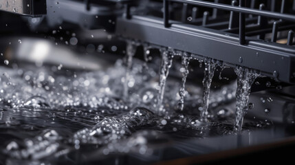 A closeup of the dishwashers spray arm with water droplets glistening off of it as it rotates during a wash cycle.