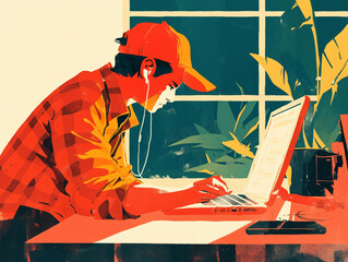 Focused Man in Red Plaid Shirt Working on Laptop at Home Illustration