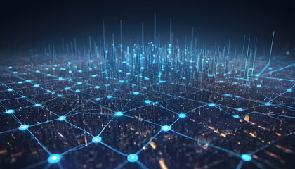 Obraz premium Modern cityscape with sky scraper buildings and modern interconnected technology network grid from above 3D imaginative rendering in blue at night 