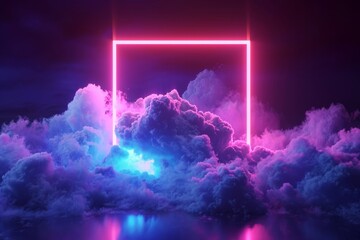 3d rendering, abstract geometrical background with square neon frame and stormy cloud glowing with pink blue light, Generative AI