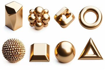 3d rendering. Different geometric golden shapes collection. Modern minimal metal objects. Icons set isolated on transparent background, Generative AI