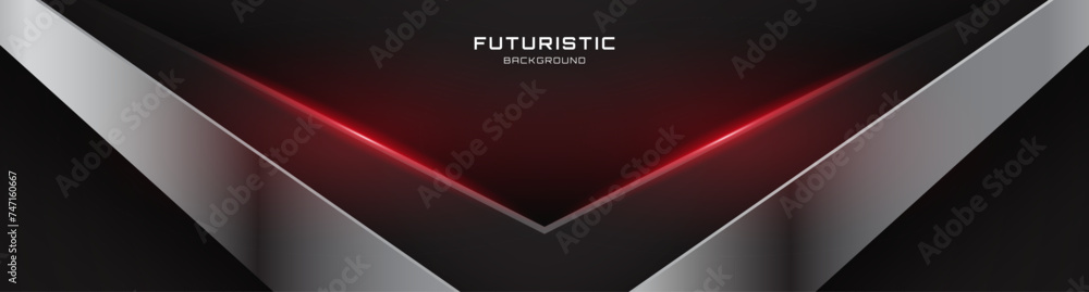 Poster 3d black silver techno background overlap layer on dark space with red light arrows decoration. mode