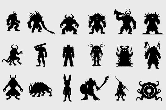 a set of silhouettes of demon and beast holding swords, spears and various different weapons.